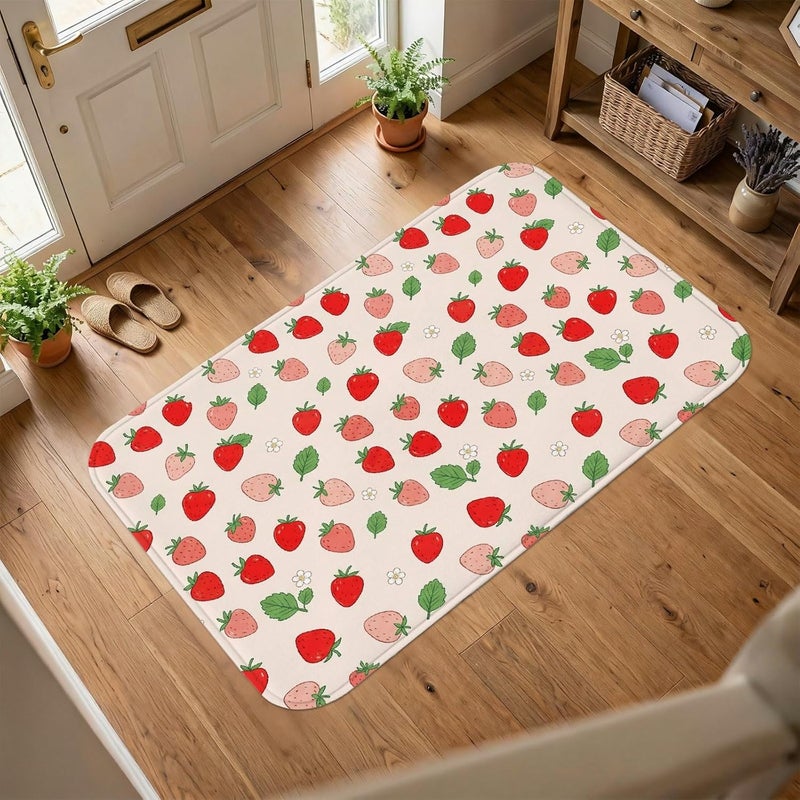 Strawberry Area Rug, Summer Playful Leaf Flower Summer Red Low Pile Sponge Doormat Throw Rug Edge Binding Bathroom Entryway Bedside Laundry Room Decor 3' X 5' - Image 1