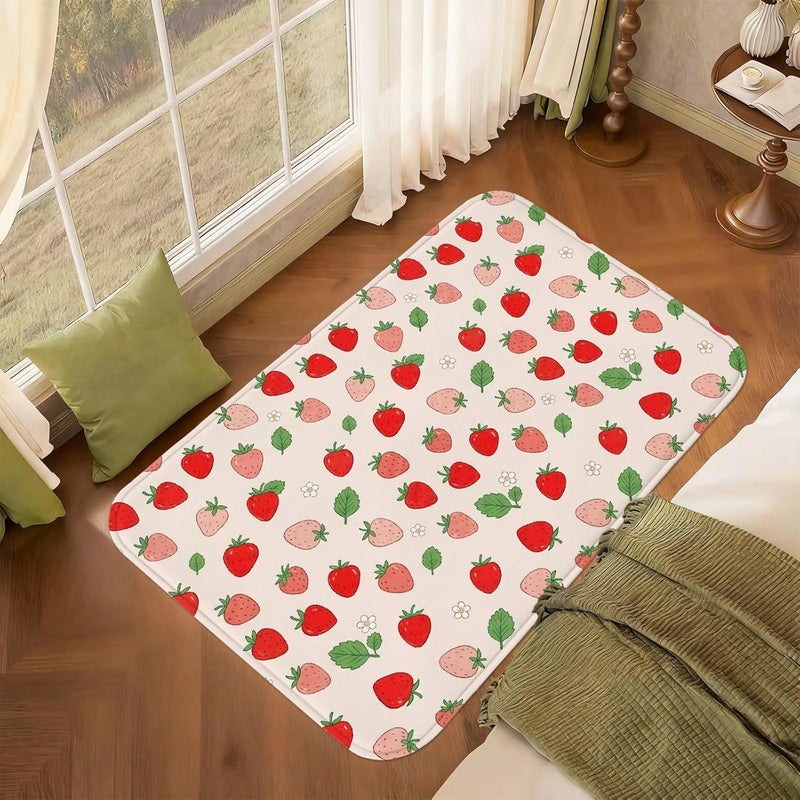 Strawberry Area Rug, Summer Playful Leaf Flower Summer Red Low Pile Sponge Doormat Throw Rug Edge Binding Bathroom Entryway Bedside Laundry Room Decor 3' X 5' - Image 3