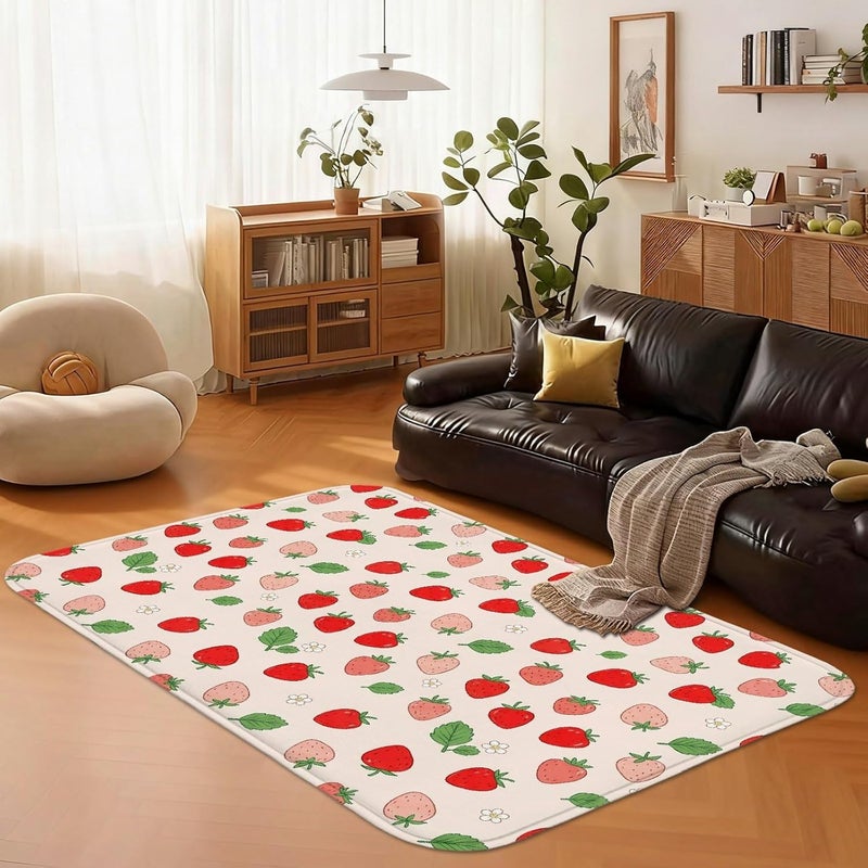 Strawberry Area Rug, Summer Playful Leaf Flower Summer Red Low Pile Sponge Doormat Throw Rug Edge Binding Bathroom Entryway Bedside Laundry Room Decor 3' X 5' - Image 4