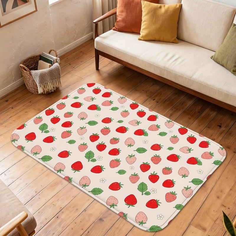 Strawberry Area Rug, Summer Playful Leaf Flower Summer Red Low Pile Sponge Doormat Throw Rug Edge Binding Bathroom Entryway Bedside Laundry Room Decor 3' X 5' - Image 5