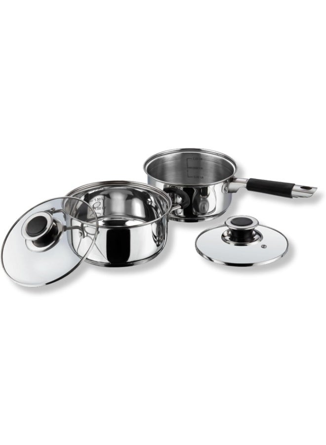 VINOD Stainless Steel Induction and Gas Stove Friendly Master Chef Cookware Set- 2 Pieces, Saucepan (16 cm/1.5 Litre), Casserole (18 cm /2.1 Litre) with Glass Lids - Image 1