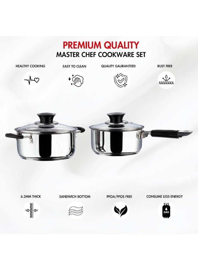 VINOD Stainless Steel Induction and Gas Stove Friendly Master Chef Cookware Set- 2 Pieces, Saucepan (16 cm/1.5 Litre), Casserole (18 cm /2.1 Litre) with Glass Lids - Image 4
