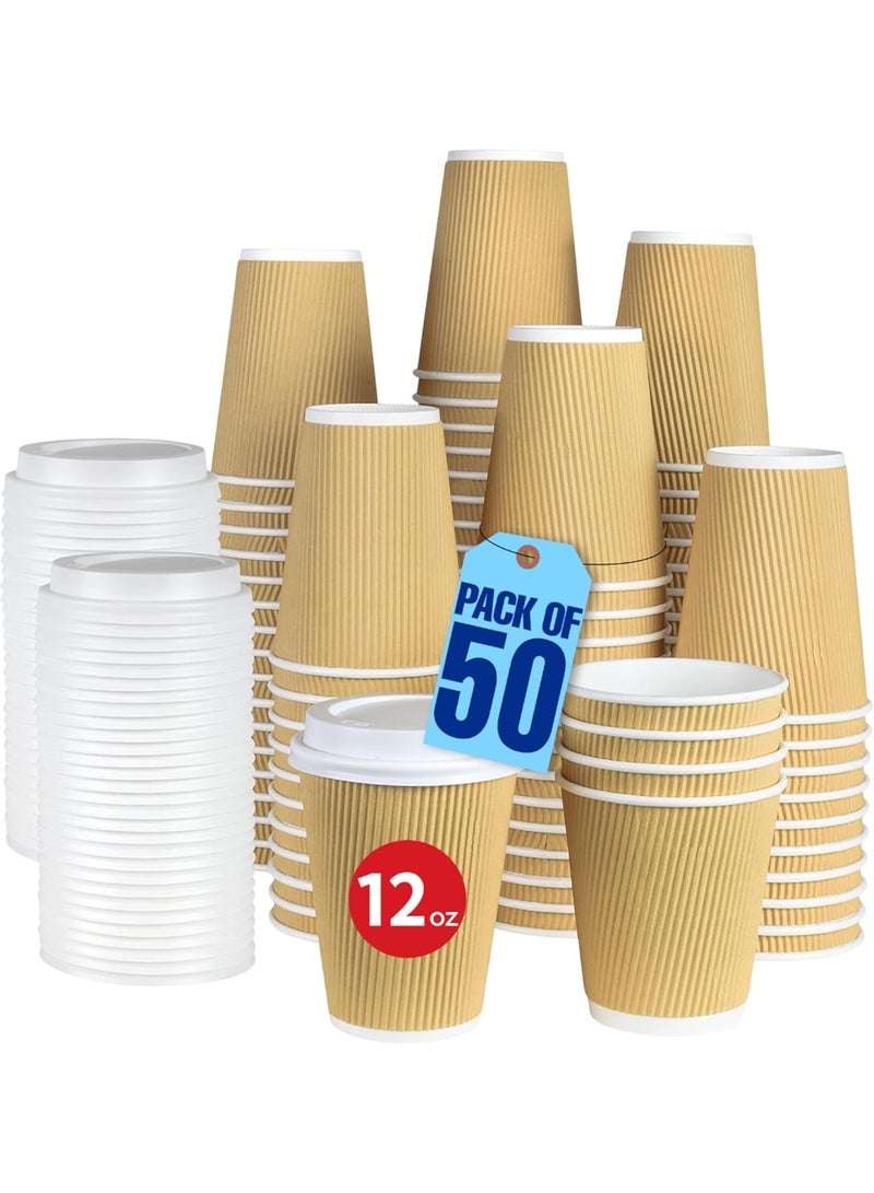 Insulated coffee cups with a wavy design, disposable, brown - wavy paper cups for hot drinks [50 sets] 12 oz. - Image 1