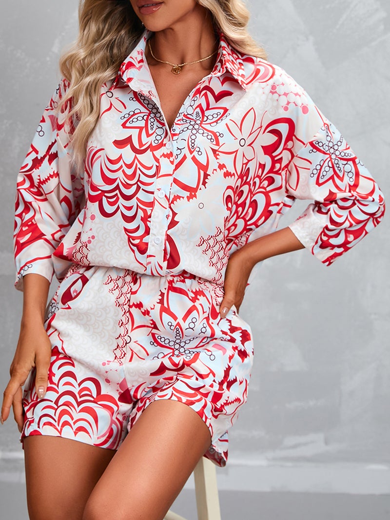 Women Shirt Shorts Set Long Sleeve Buttoned Casual Shirt and Shorts 2 Pieces - Image 4