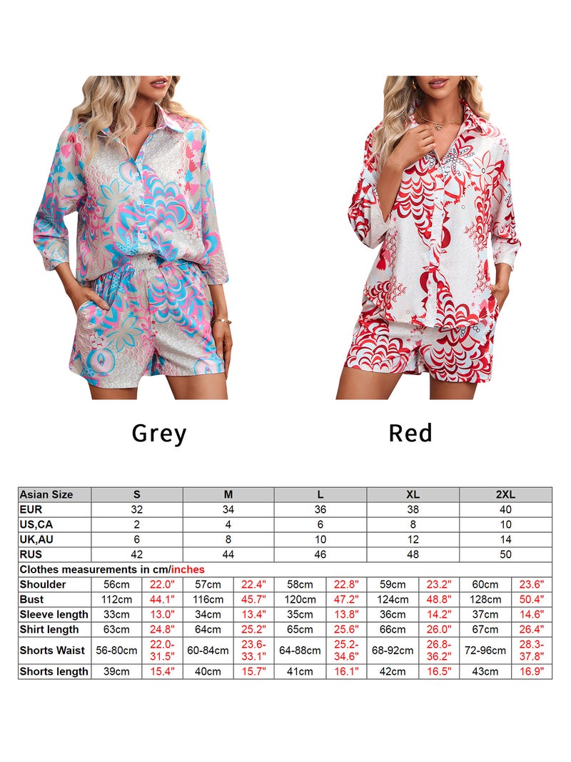 Women Shirt Shorts Set Long Sleeve Buttoned Casual Shirt and Shorts 2 Pieces - Image 2