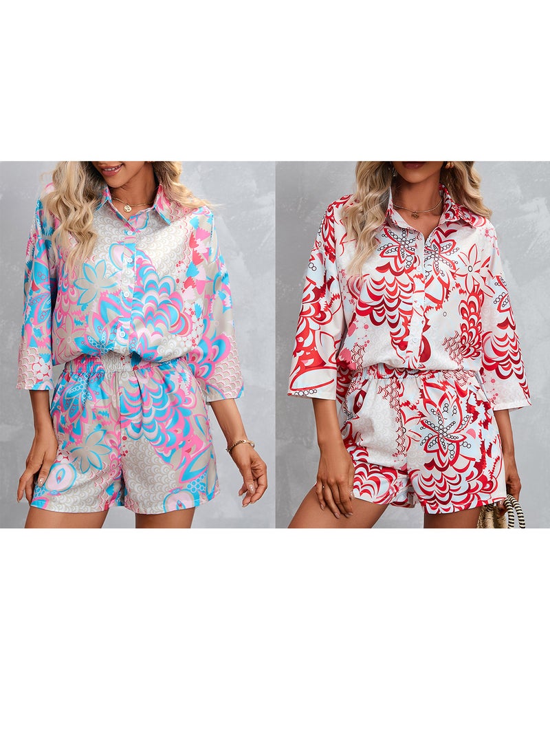 Women Shirt Shorts Set Long Sleeve Buttoned Casual Shirt and Shorts 2 Pieces - Image 3