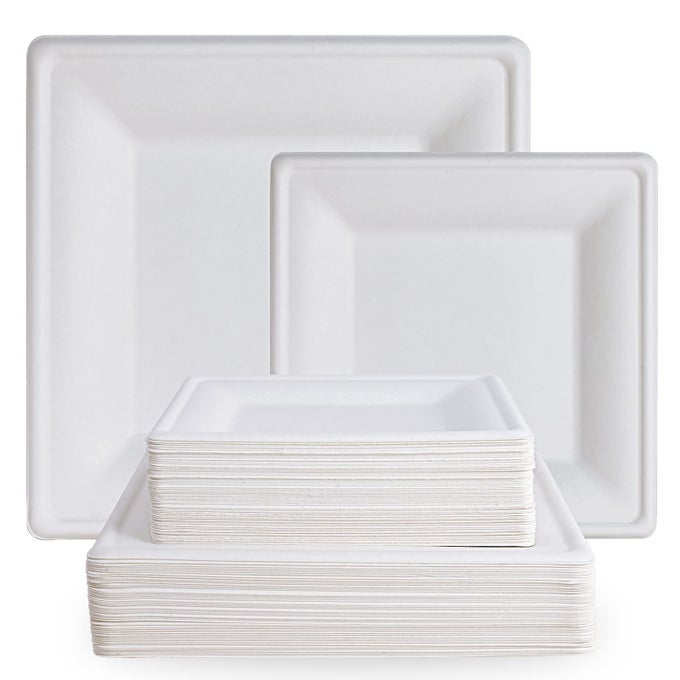 120 PACK COMPOSTABLE PAPER PLATES 10 INCH AND 8 INCH HEAVY DUTY ECO FRIENDLY SUGARCANE BIODEGRADABLE DISPOSABLE SQUARE PLATES FOR PARTY DINNER BIRTHDAY