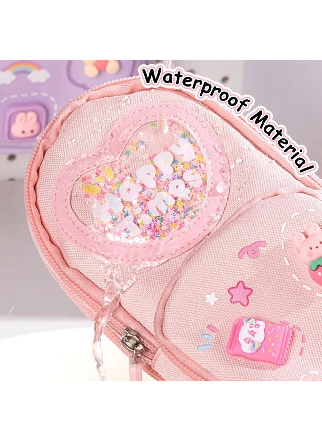 TEMSON - TEMSON Large Capacity Pencil Case - 3 Compartment Standing Pencil Case, Cute Cartoon Multifunctional Stationery Organizer Pencil Pouch for Office College School (KBX-1061) (Pink) - Image 1