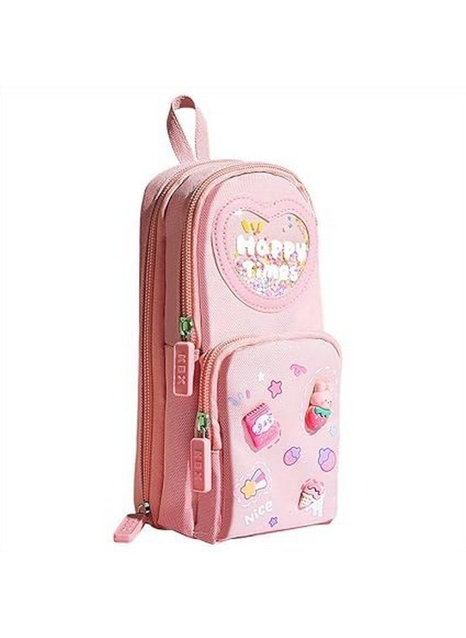 TEMSON - TEMSON Large Capacity Pencil Case - 3 Compartment Standing Pencil Case, Cute Cartoon Multifunctional Stationery Organizer Pencil Pouch for Office College School (KBX-1061) (Pink) - Image 1
