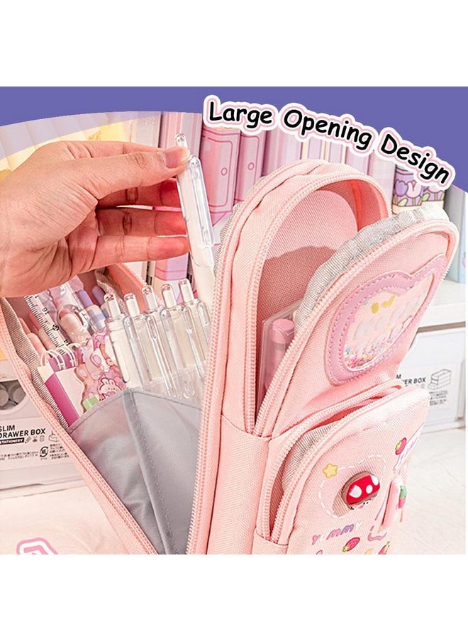 TEMSON - TEMSON Large Capacity Pencil Case - 3 Compartment Standing Pencil Case, Cute Cartoon Multifunctional Stationery Organizer Pencil Pouch for Office College School (KBX-1061) (Pink) - Image 1