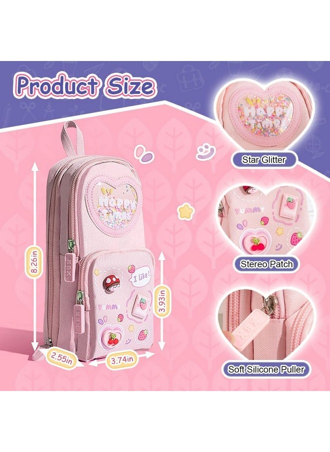 TEMSON - TEMSON Large Capacity Pencil Case - 3 Compartment Standing Pencil Case, Cute Cartoon Multifunctional Stationery Organizer Pencil Pouch for Office College School (KBX-1061) (Pink) - Image 1