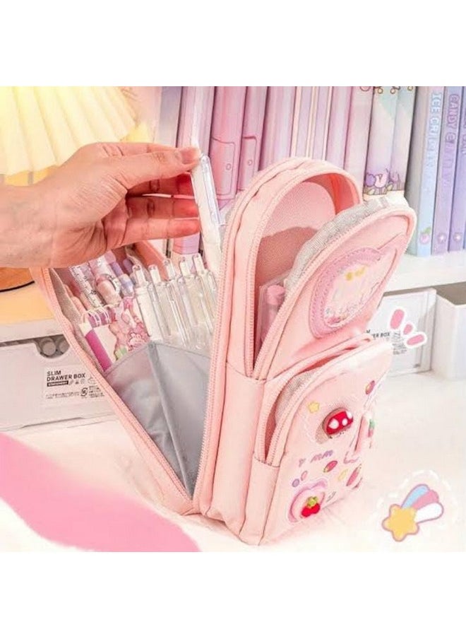 TEMSON - TEMSON Large Capacity Pencil Case - 3 Compartment Standing Pencil Case, Cute Cartoon Multifunctional Stationery Organizer Pencil Pouch for Office College School (KBX-1061) (Pink) - Image 1