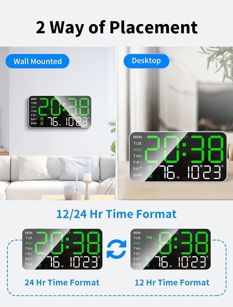 Astrometric 15-Inch Digital Wall Clock with Large LED Display – Remote Control, Auto-Dimming, Night Light, Date, Day, Temperature, DST Function – Ideal for Living Room, Bedroom (9" Green) - Image 4