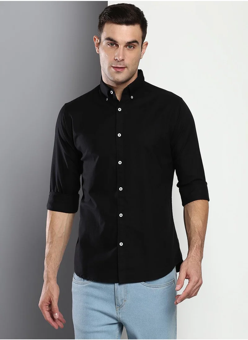 Dennis Lingo Men's Black 100% Cotton Solid Button Down Regular Fit Shirt