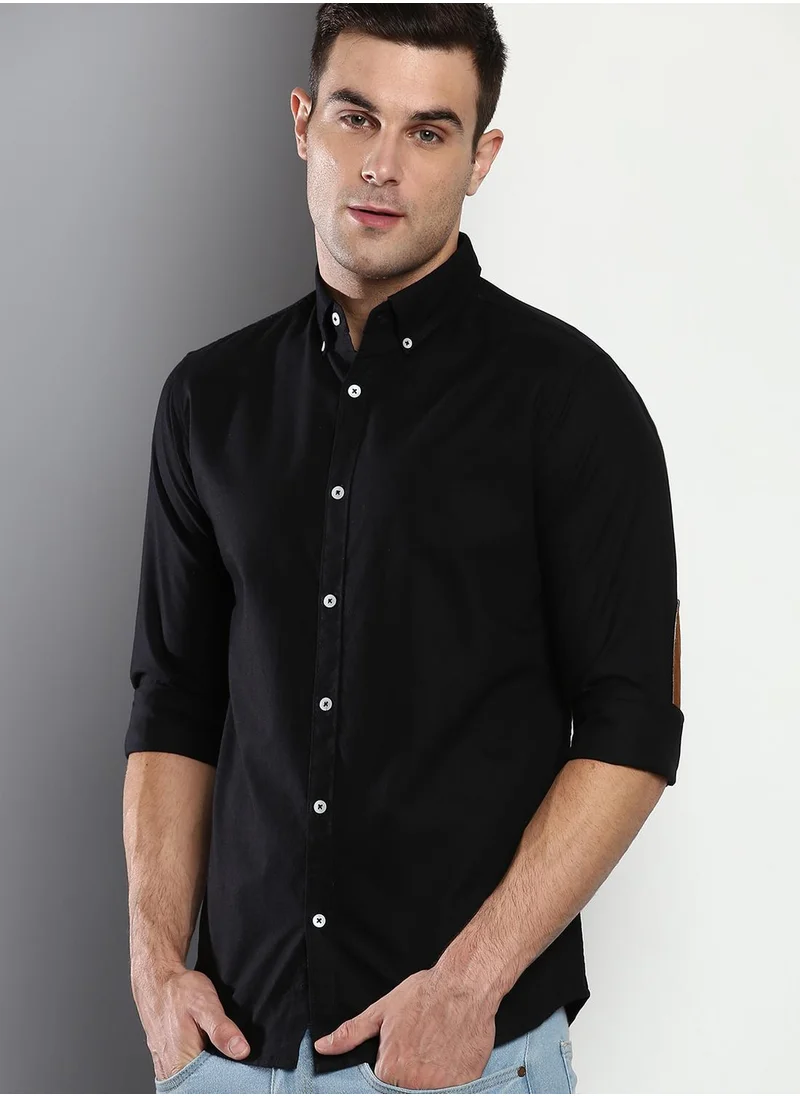 Dennis Lingo Men's Black 100% Cotton Solid Button Down Regular Fit Shirt