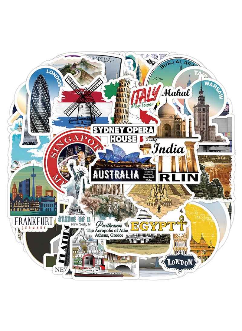 50pcs World Architecture Stickers Cool Trendy World Famous Buildings Stickers for Adult Journal,Aesthetic Vinyl Waterproof Stickers for Laptops Scrapbook Water Bottle Guitar Phone Travel Case - Image 1