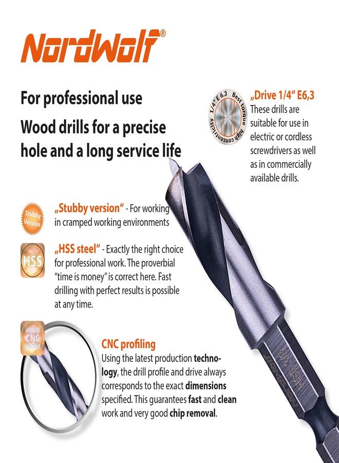 NordWolf 7-Piece HSS Brad Point Stubby Wood Drill Bit Set with 1/4" Hex Shank for Carpenter Woodworking, SAE Sizes 1/16"-3/32"-1/8"-3/16"-1/4"-5/16"-3/8" - Image 4