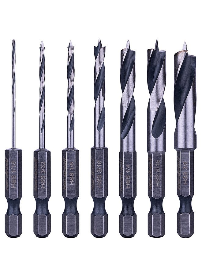 NordWolf 7-Piece HSS Brad Point Stubby Wood Drill Bit Set with 1/4" Hex Shank for Carpenter Woodworking, SAE Sizes 1/16"-3/32"-1/8"-3/16"-1/4"-5/16"-3/8" - Image 1