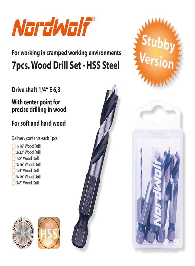 NordWolf 7-Piece HSS Brad Point Stubby Wood Drill Bit Set with 1/4" Hex Shank for Carpenter Woodworking, SAE Sizes 1/16"-3/32"-1/8"-3/16"-1/4"-5/16"-3/8" - Image 2