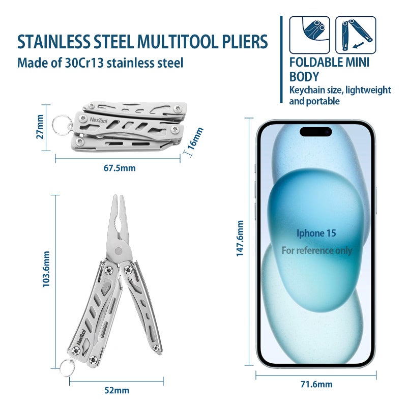 Nextool EDC Keychain Multitool, 10 in 1 Mini Pocket Knife Multi Tool with Needlenose Pliers, Scissors, Mini Useful Cool Gadgets for Men, Father's Day Gifts from Daughter-Sliver - Image 2