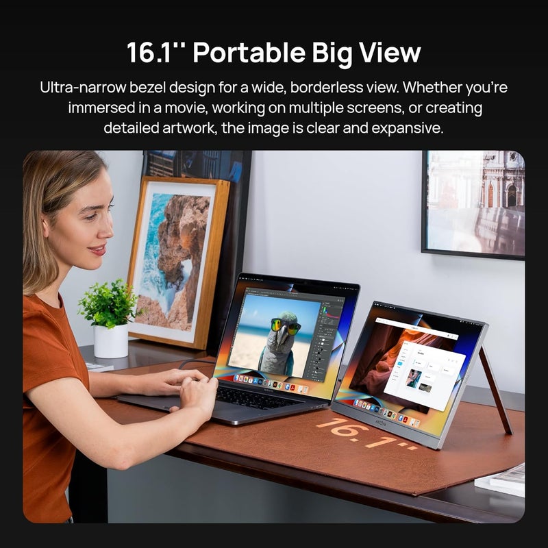 ترقية التكنولوجيا المبتكرة 16.1 بوصة، مراقبة محمولة، دقة 1080P FHD، نسبة تغطية لونية 100% من معيار sRGB، مزودة بقاعدة دعم، شاشة IPS توفر حماية للعينين، مناسبة للاستخدام في المكاتب والترفيه عالي الجودة -Z1C، لون رمادي - Image 2
