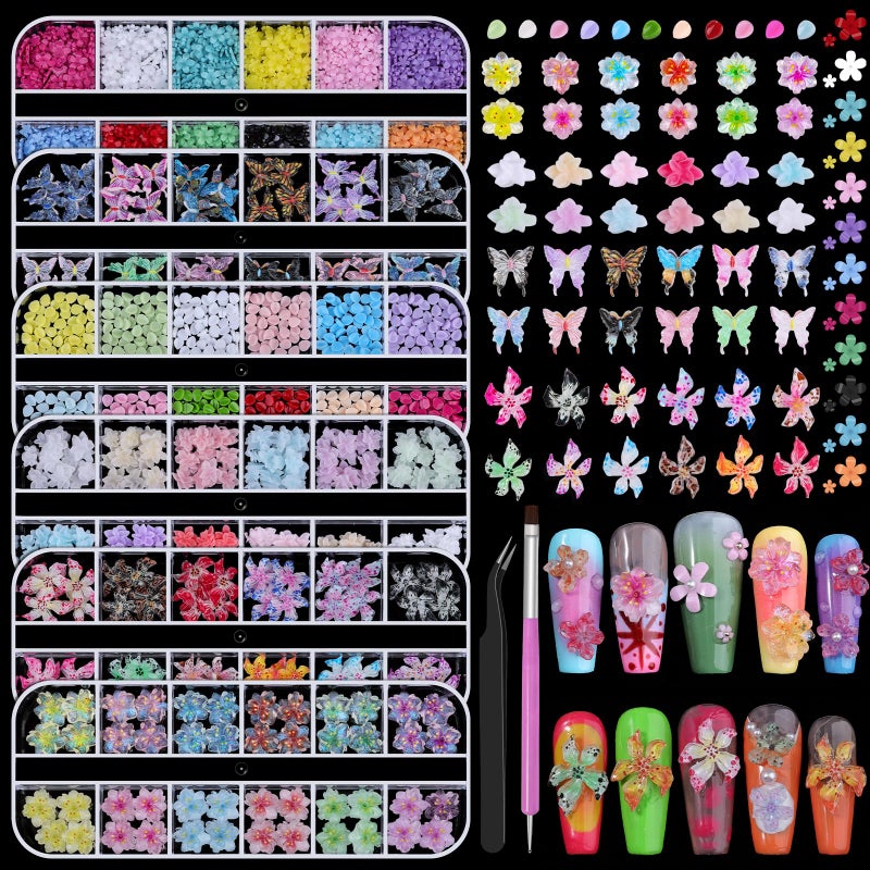 editTime 6 Boxes Flower Nail Art Charms, Cute Colorful Flower Nail Charms Hibiscus Ice Translucent Butterfly Petals Nail Gems with Pickup Tools for Nail Art Manicure DIY - Image 1