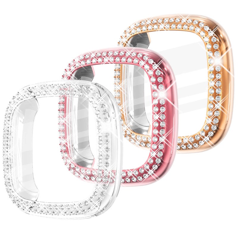 Fullife 3-Pack TPU Bumper for Fitbit Versa 4 Screen Protector, Crystal Diamond Bling Case HD Full Protective Cover for Men Women, Fitbit Versa 4/Fitbit Sense 2 Smartwatch, Rose Gold/Pink/Clear - Image 1