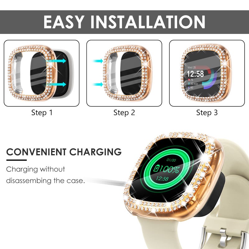 Fullife 3-Pack TPU Bumper for Fitbit Versa 4 Screen Protector, Crystal Diamond Bling Case HD Full Protective Cover for Men Women, Fitbit Versa 4/Fitbit Sense 2 Smartwatch, Rose Gold/Pink/Clear - Image 2