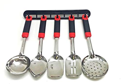 MOBDESK Stainless Steel Handy CookServe Set Cooking Utensil Set Serving Spoons with Plastics Handlewith Stand Set of 5RED RED Steel Spoon - Image 3