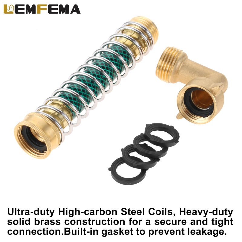 Lemfema Garden Hose 90 Degree Solid Brass Hose Elbow Connector and Garden Hose Extension Adapter with Coil Spring + Extra 4 Pressure Washers - Image 3