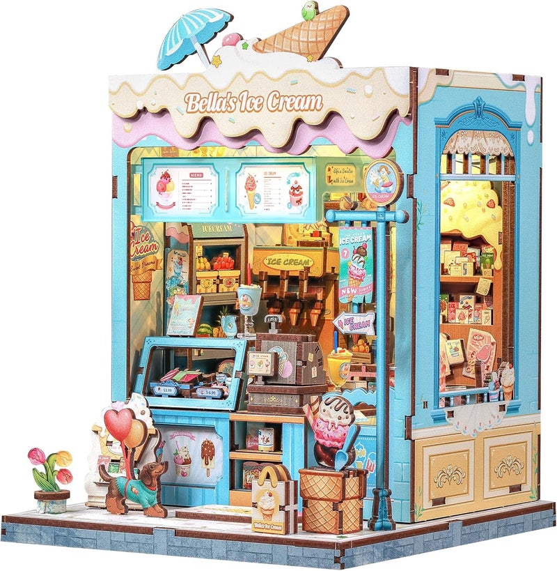 CUTEBEE Book Nook Kit - DIY Miniature House Dollhouse Kit for Adults and Teens, Booknook Tiny House Ice Cream Shop Bookshelf Decor 3D Wooden Puzzle, Gifts for Family, Friends (Bella's Ice Cream) - Image 1