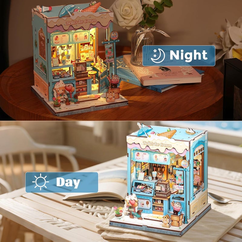 CUTEBEE Book Nook Kit - DIY Miniature House Dollhouse Kit for Adults and Teens, Booknook Tiny House Ice Cream Shop Bookshelf Decor 3D Wooden Puzzle, Gifts for Family, Friends (Bella's Ice Cream) - Image 2