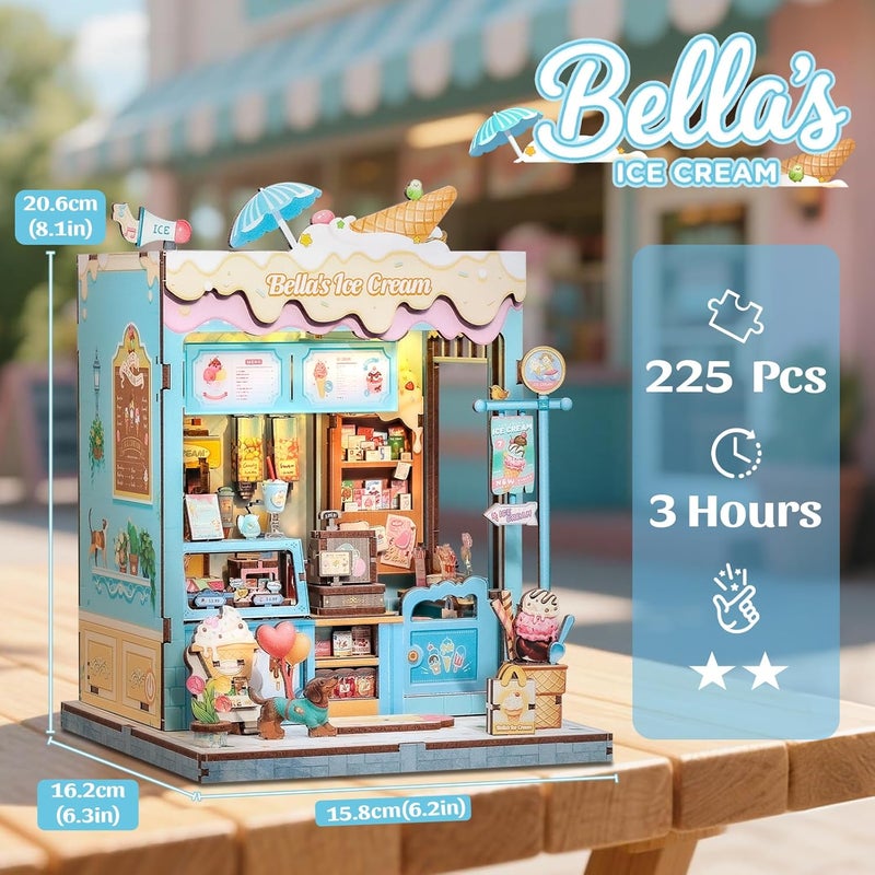 CUTEBEE Book Nook Kit - DIY Miniature House Dollhouse Kit for Adults and Teens, Booknook Tiny House Ice Cream Shop Bookshelf Decor 3D Wooden Puzzle, Gifts for Family, Friends (Bella's Ice Cream) - Image 3