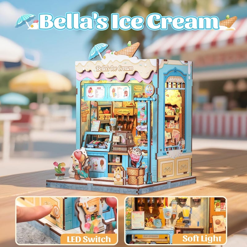 CUTEBEE Book Nook Kit - DIY Miniature House Dollhouse Kit for Adults and Teens, Booknook Tiny House Ice Cream Shop Bookshelf Decor 3D Wooden Puzzle, Gifts for Family, Friends (Bella's Ice Cream) - Image 4