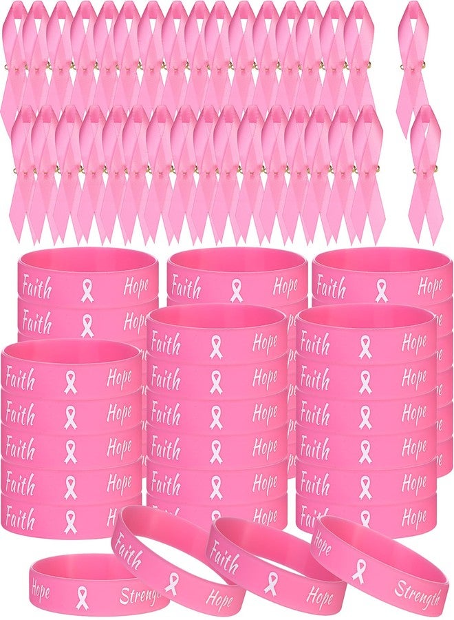 Sratte 400 Pcs Breast Cancer Awareness Lapel Pins and Ribbon Bracelets, 200 Rubber Wristbands, 200 Ribbon Pins, Breast Cancer Awareness Accessories for Women Events Decoration Gifts(Pink) - Image 1