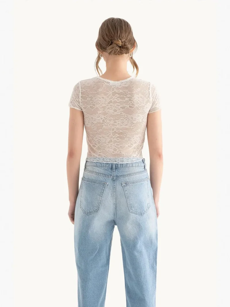 Hiccup White Flowers Embroidered Round Neck Mesh Top for Women | Best Price UAE