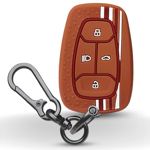 KEYCEPT Tristar Silicone Key Cover Compatible with Tata Nexon | Harrier | Altroz | Tigor | Safari | Punch |Tiago| EV 4 Button Smart Key with Keychain. (Type 1, Brown) - Image 1