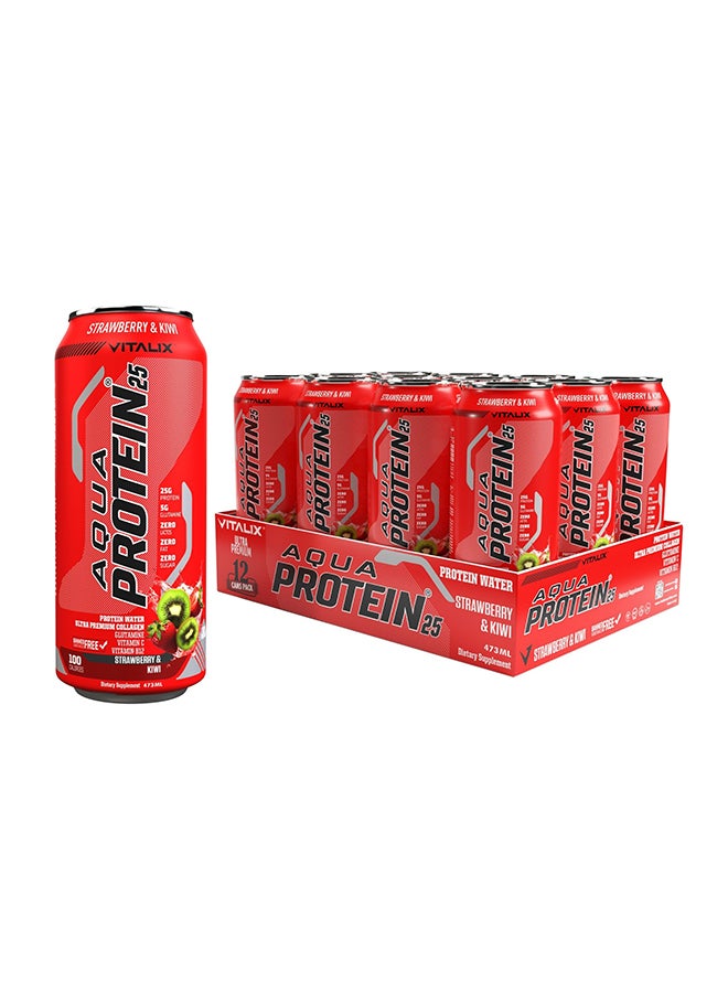 Vitalix Aqua Protein 25 Strawberry & Kiwi, Protein Water with 25g Protein, Collagen, Glutamine & Vitamins B & E, Lactose-Free, Sugar-Free, Zero Fat, 473ml - Full Box of 12 Cans - Image 1