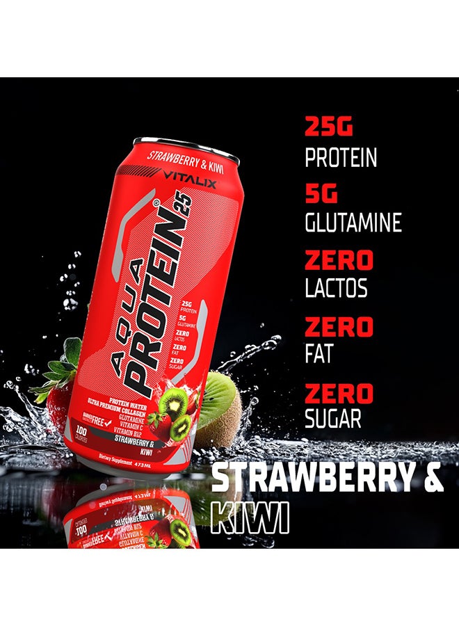 Vitalix Aqua Protein 25 Strawberry & Kiwi, Protein Water with 25g Protein, Collagen, Glutamine & Vitamins B & E, Lactose-Free, Sugar-Free, Zero Fat, 473ml - Full Box of 12 Cans - Image 5