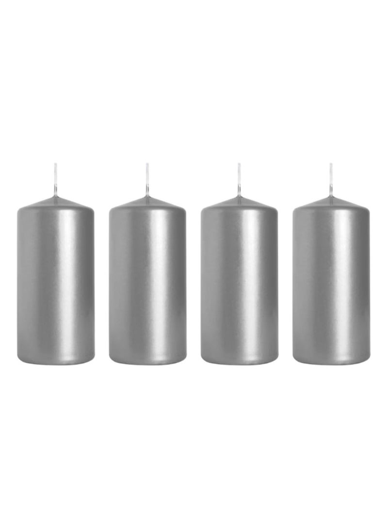 Fine Productions Pillar Candles Set of 4 Shiny Silver Smokeless Long Burning Candles for Home, Spa, Dinner Table, Relaxation, and Special Occasions Clean Burning, Unscented Decorative Candles  - Image 1