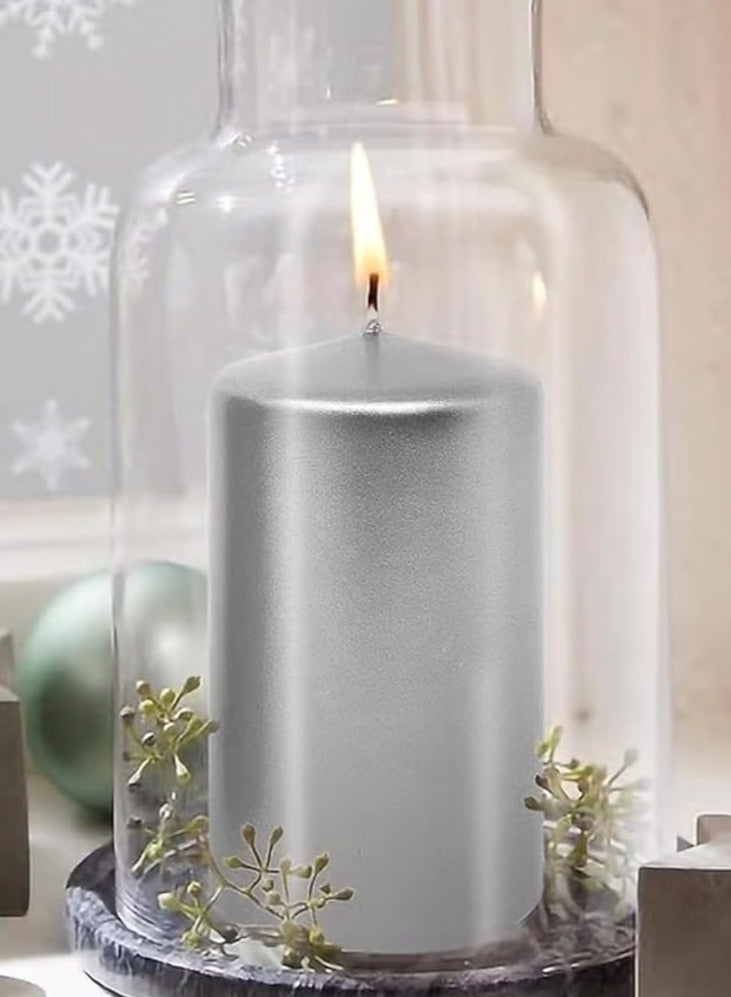 Fine Productions Pillar Candles Set of 4 Shiny Silver Smokeless Long Burning Candles for Home, Spa, Dinner Table, Relaxation, and Special Occasions Clean Burning, Unscented Decorative Candles  - Image 3