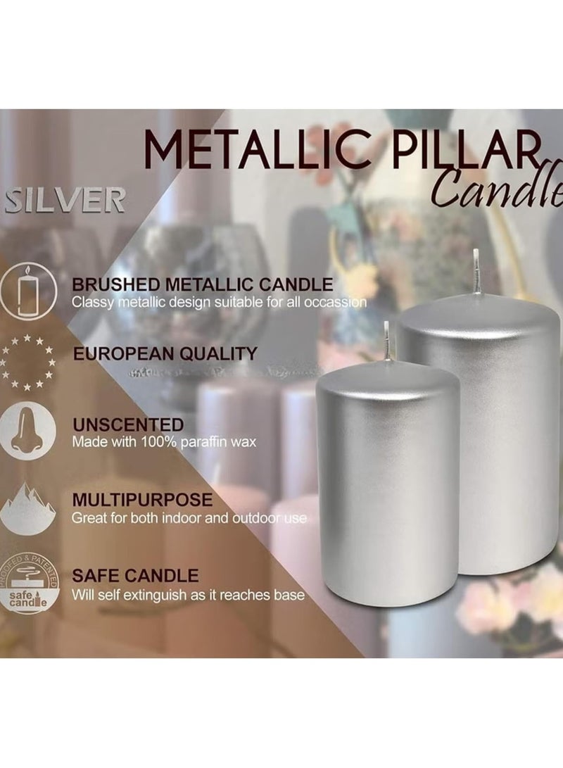 Fine Productions Pillar Candles Set of 4 Shiny Silver Smokeless Long Burning Candles for Home, Spa, Dinner Table, Relaxation, and Special Occasions Clean Burning, Unscented Decorative Candles  - Image 5