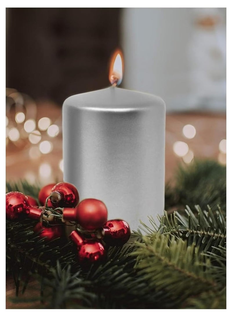 Fine Productions Pillar Candles Set of 4 Shiny Silver Smokeless Long Burning Candles for Home, Spa, Dinner Table, Relaxation, and Special Occasions Clean Burning, Unscented Decorative Candles  - Image 2