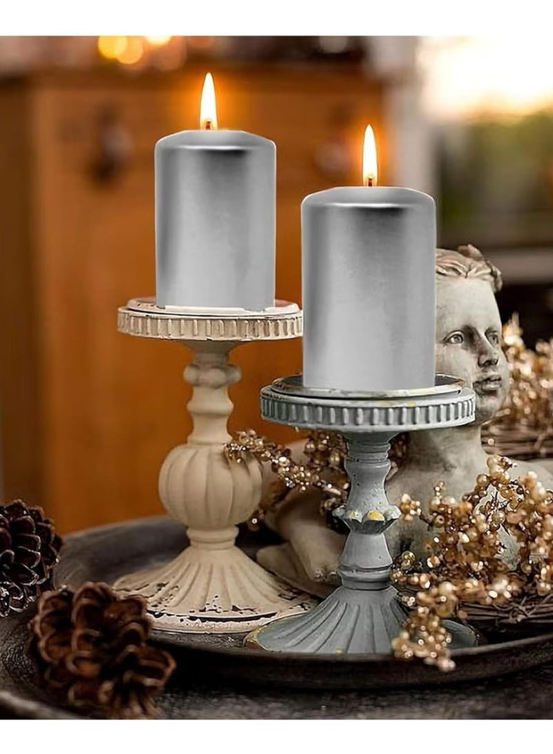 Fine Productions Pillar Candles Set of 4 Shiny Silver Smokeless Long Burning Candles for Home, Spa, Dinner Table, Relaxation, and Special Occasions Clean Burning, Unscented Decorative Candles  - Image 4