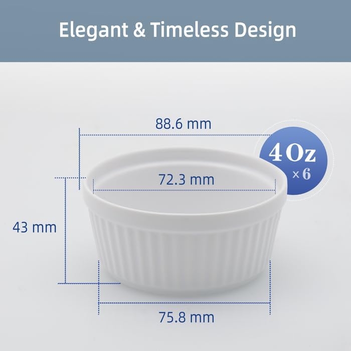 Nuwave Ceramic Ramekins 4oz Set of 6, Classic Elegant Style Ramekins for Baking Souffles, Creme Brulées, Custards, Puddings, Oven, Microwave & Dishwasher-Safe, Ivory White - Image 4