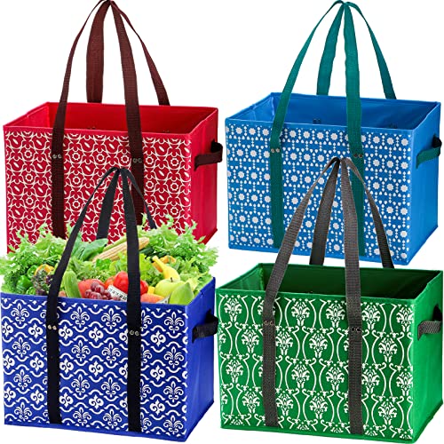 WUWEOT 4 Pack Reusable Grocery Bags, Large Shopping Box Tote, Foldable Washable Storage Bins with Reinforced Bottom Heavy Duty Handles for Fruit Vegetable Clothes Toys and Picnic - Image 1