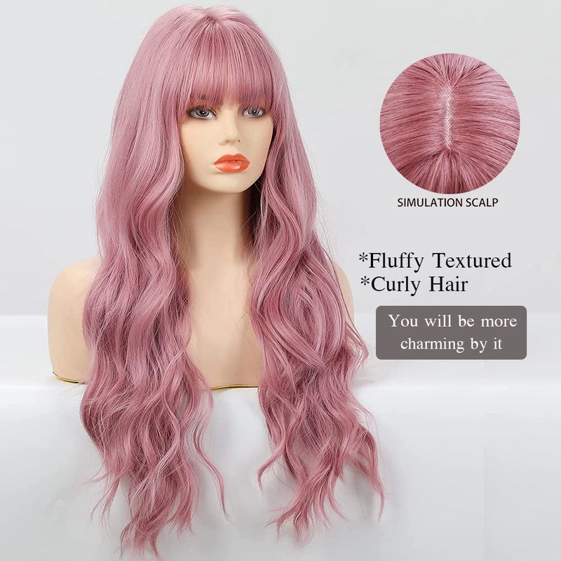 Esmee 26 Inches Long Pink Wig with Bangs Natural Synthetic Hair Wavy Wigs for Women Daily Party Cosplay Wear - Image 2