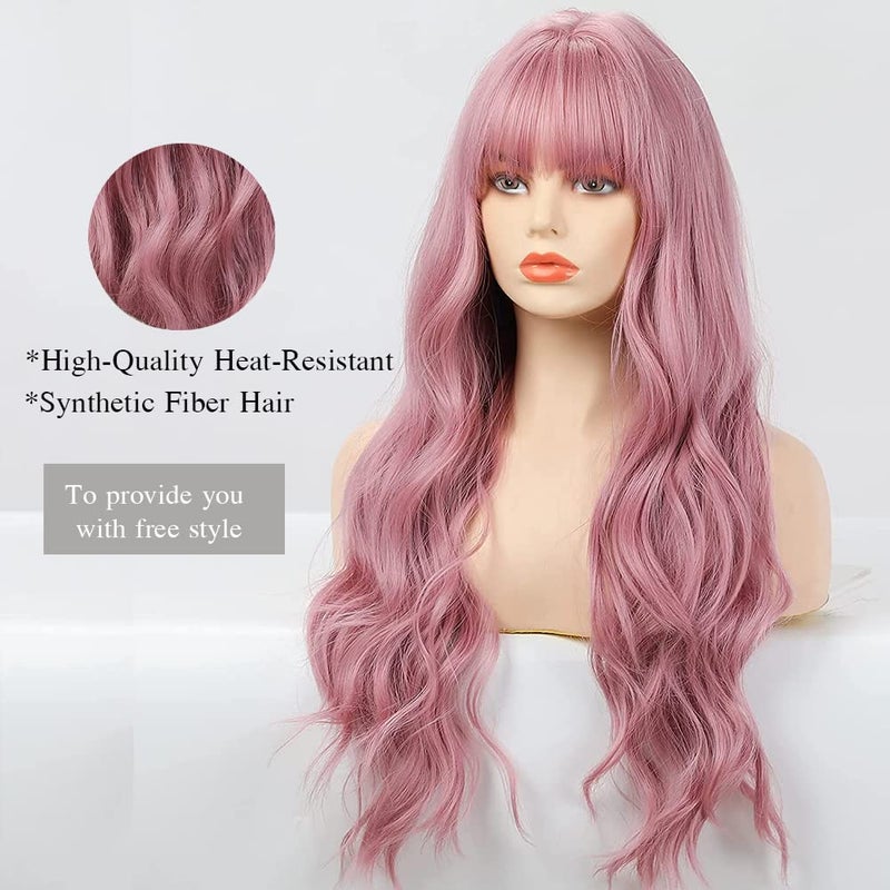 Esmee 26 Inches Long Pink Wig with Bangs Natural Synthetic Hair Wavy Wigs for Women Daily Party Cosplay Wear - Image 3