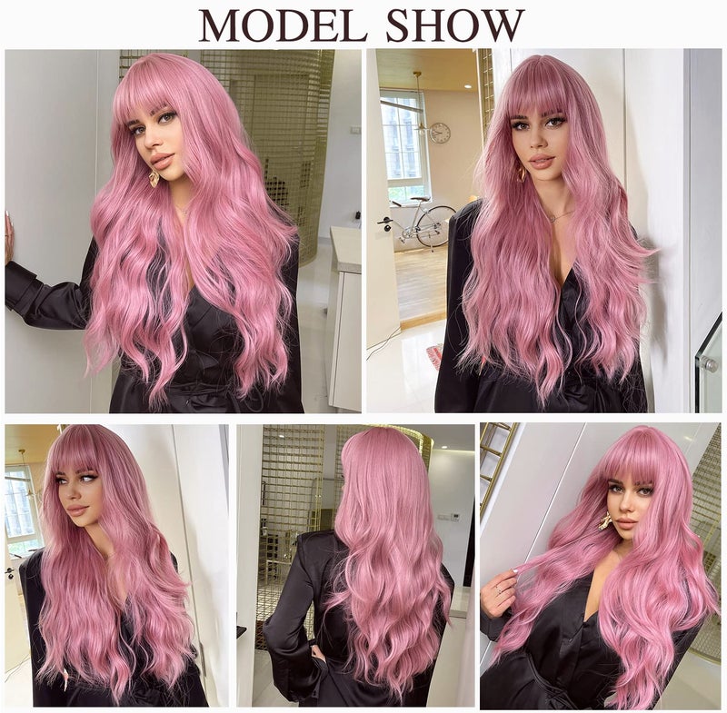 Esmee 26 Inches Long Pink Wig with Bangs Natural Synthetic Hair Wavy Wigs for Women Daily Party Cosplay Wear - Image 5