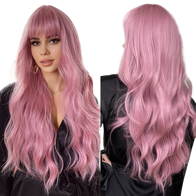Esmee 26 Inches Long Pink Wig with Bangs Natural Synthetic Hair Wavy Wigs for Women Daily Party Cosplay Wear - Image 1